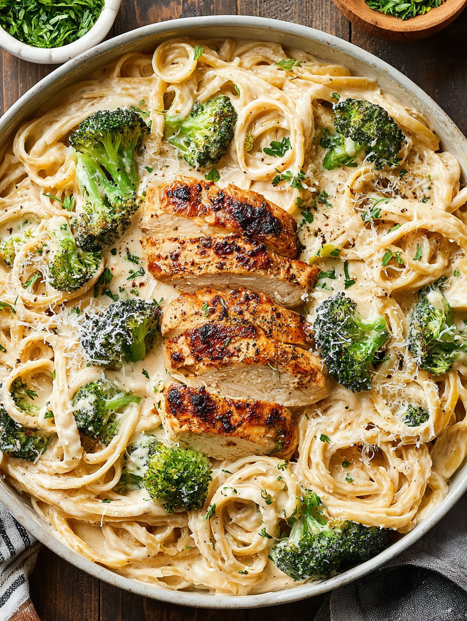 A dish of chicken and broccoli with pasta.