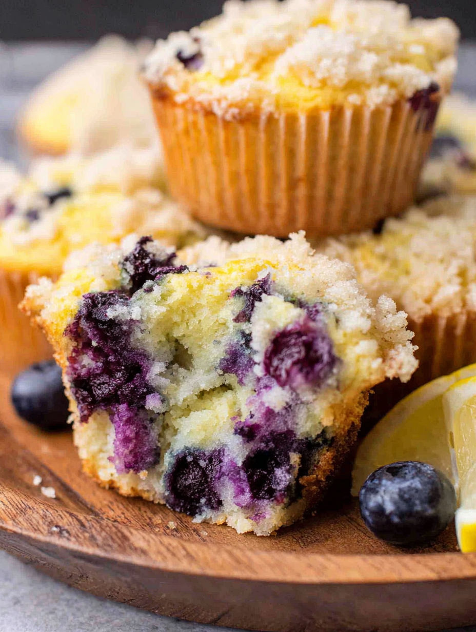 A blueberry muffin with a lemon wedge on top.