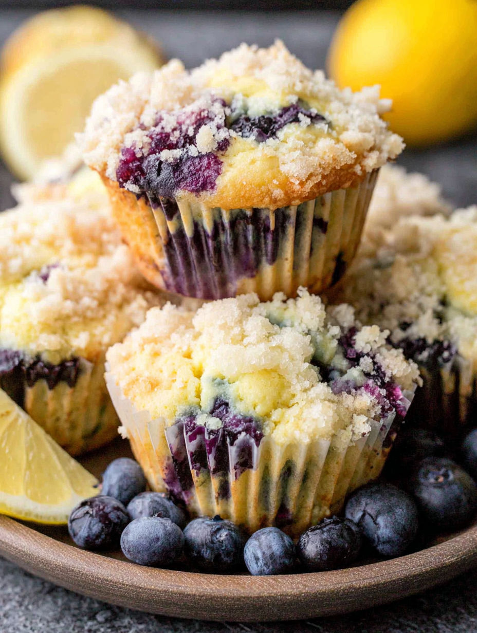 A blueberry muffin with a lemon wedge on top.