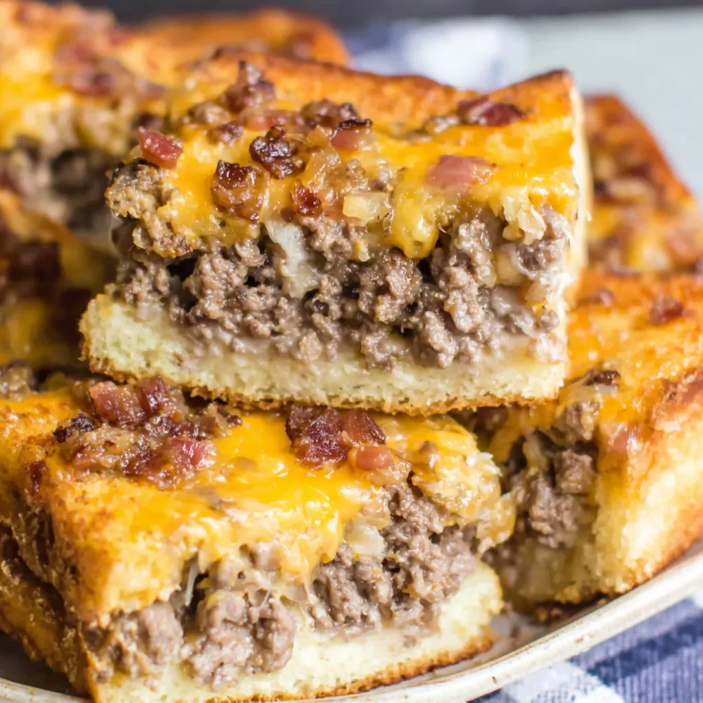 Cheeseburger baked casserole with bacon and melted cheese.