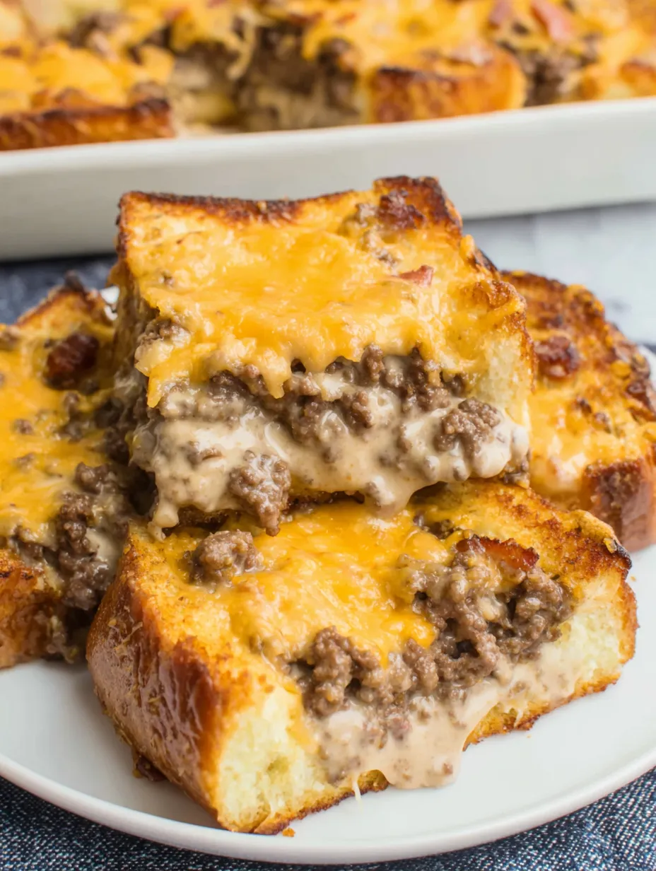 A golden slice of bacon cheeseburger grilled cheese casserole.