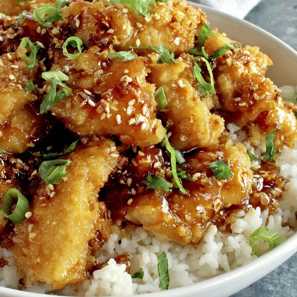 A bowl of crispy honey chicken with rice.