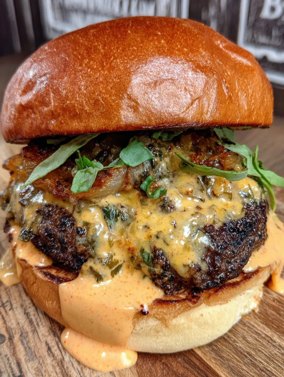 A smoky Cajun cheeseburger topped with onions and lots of flavor.