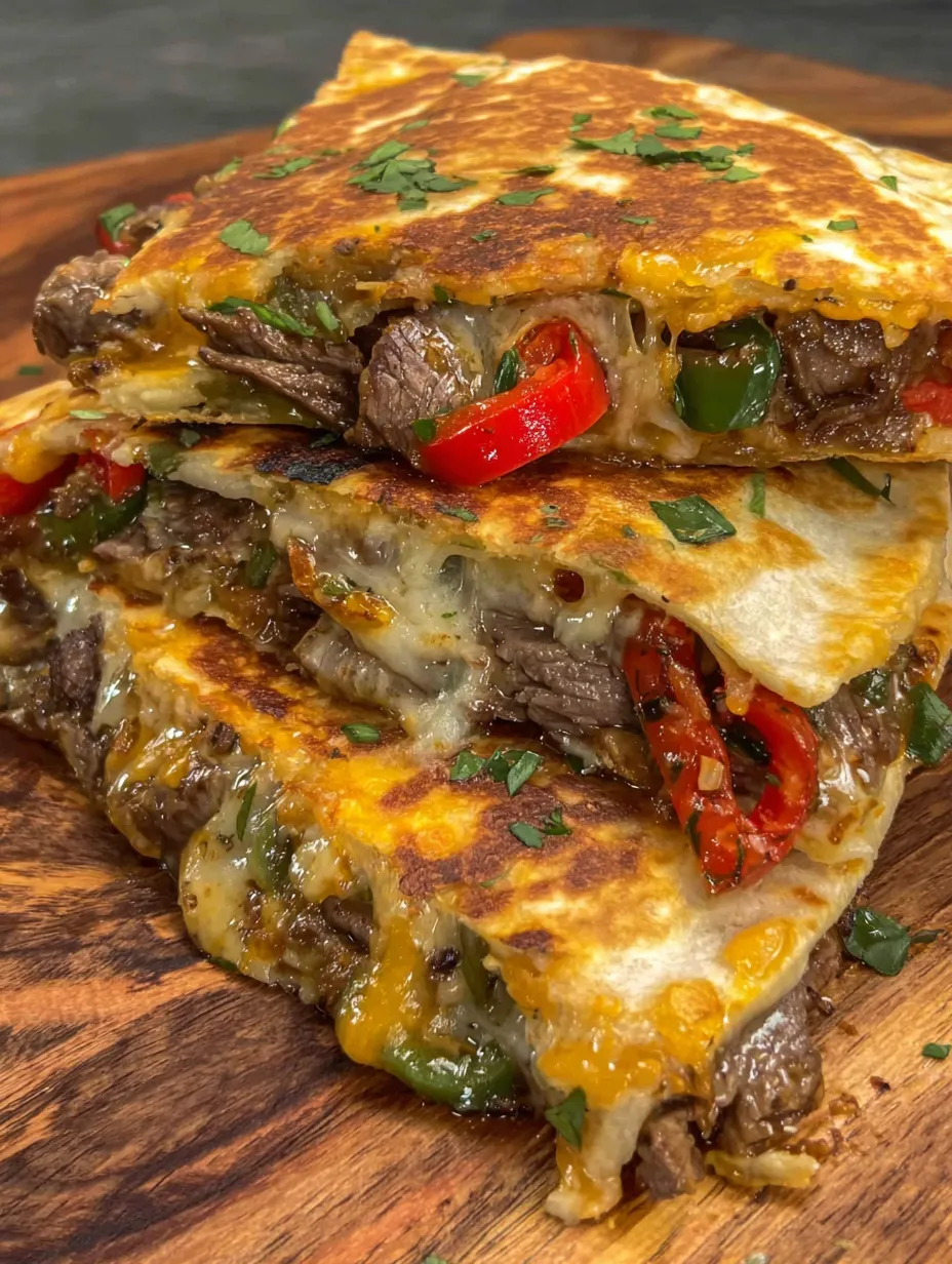 A tall pile of chili lime steak fajita quesadillas on a platter.