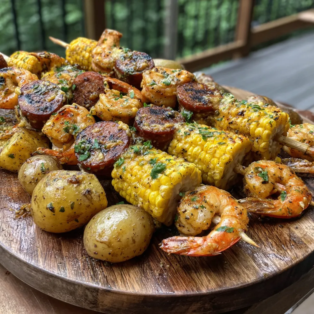 Grilled seafood skewers served on a wooden tray with corn.