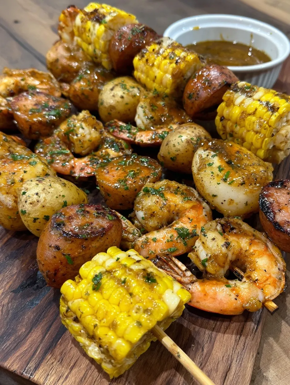 Grilled seafood boil skewers with crab boil garlic butter.