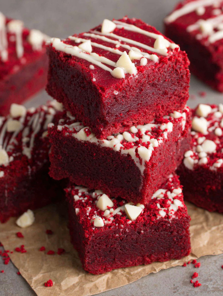A stack of red velvet cake with white frosting.