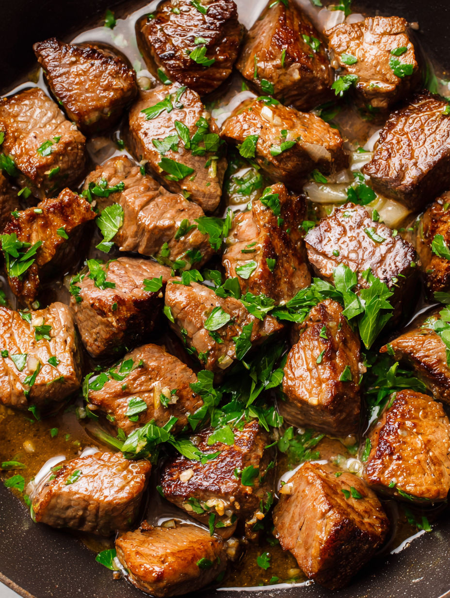 A close up of beef cubes with green herbs.