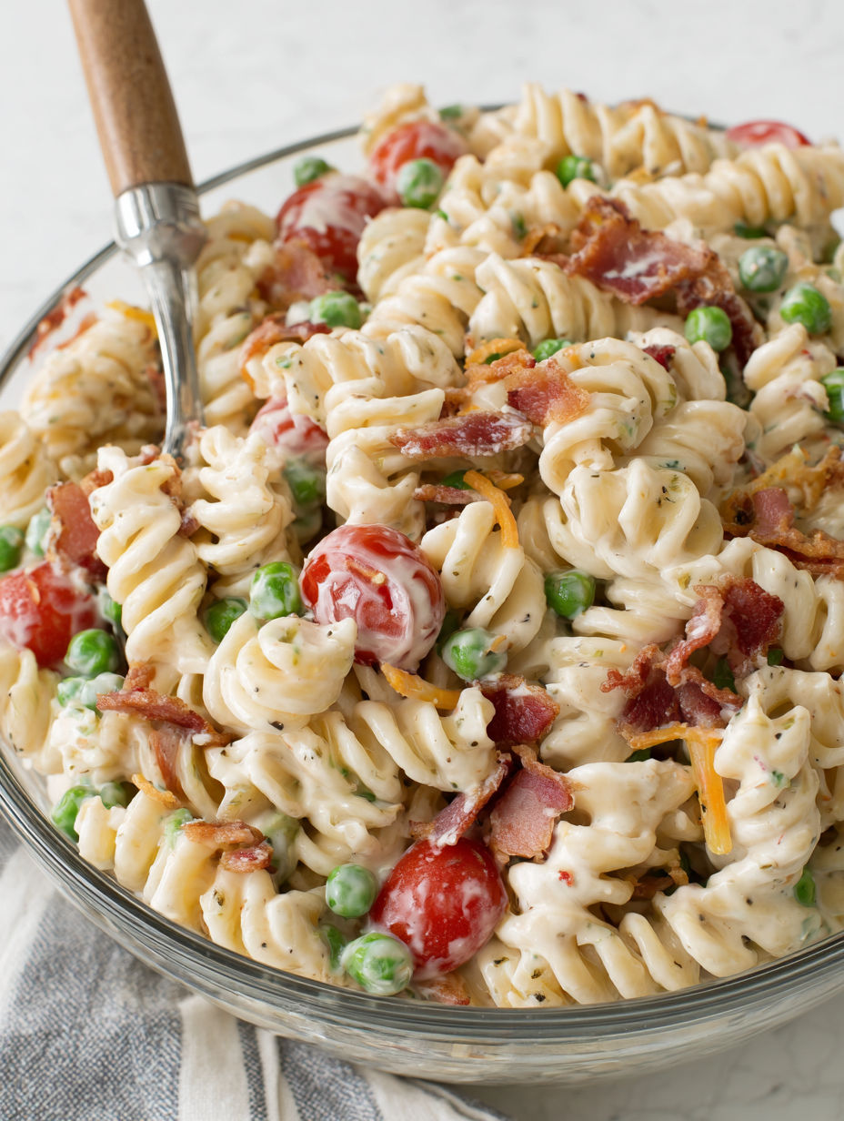 A bowl of pasta with ham and peas.