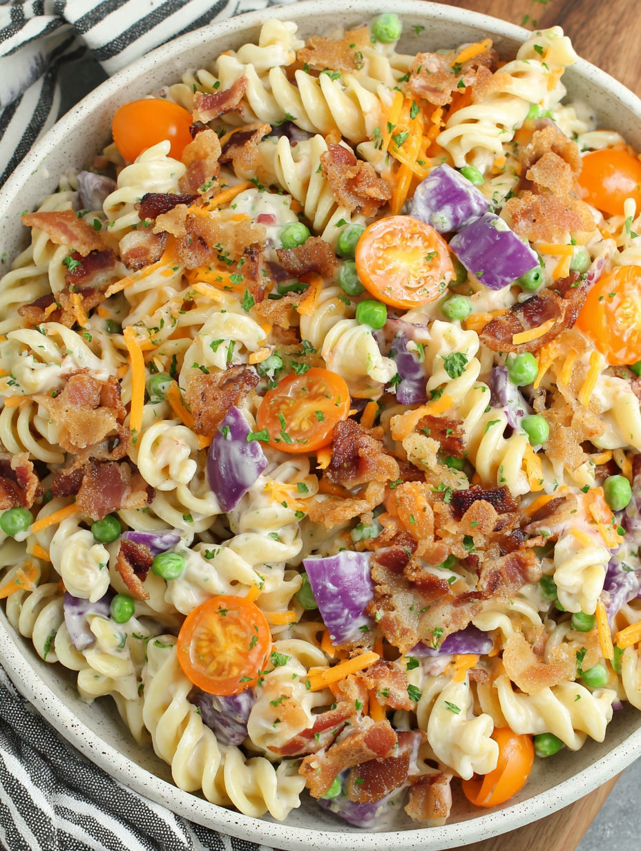 A bowl of pasta with bacon and tomatoes.