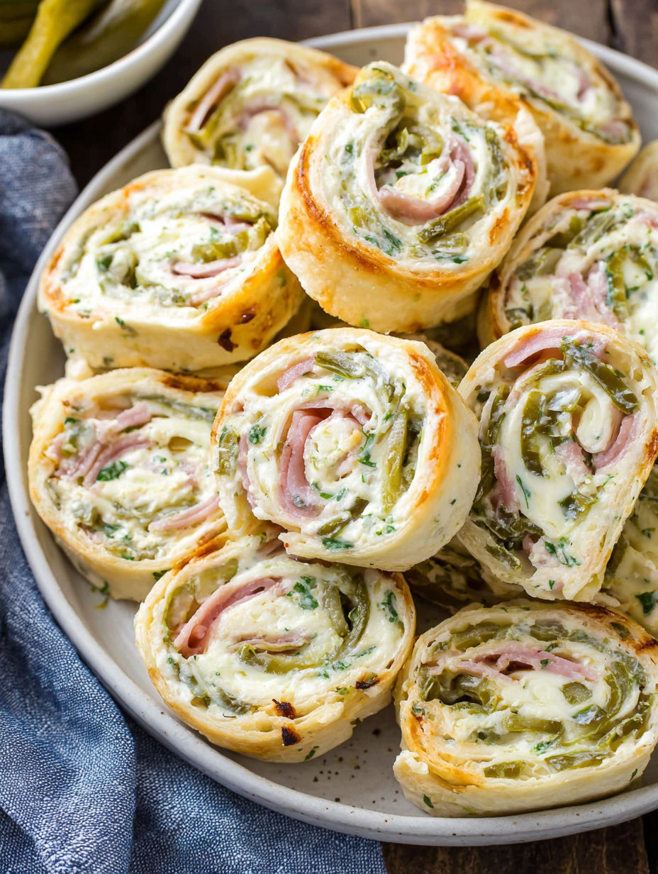 Dill pickle pinwheels on a plate.