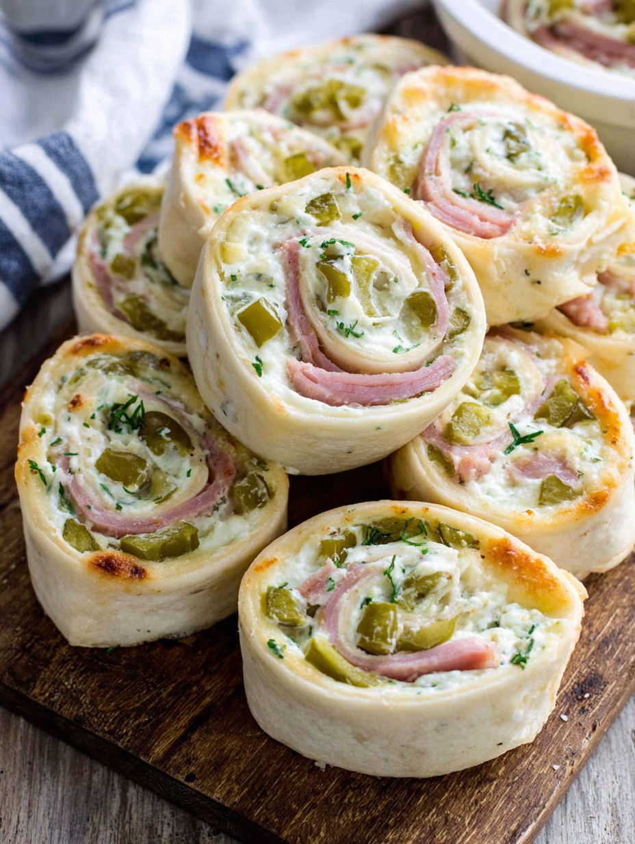 Dill pickle pinwheels on a wooden table.
