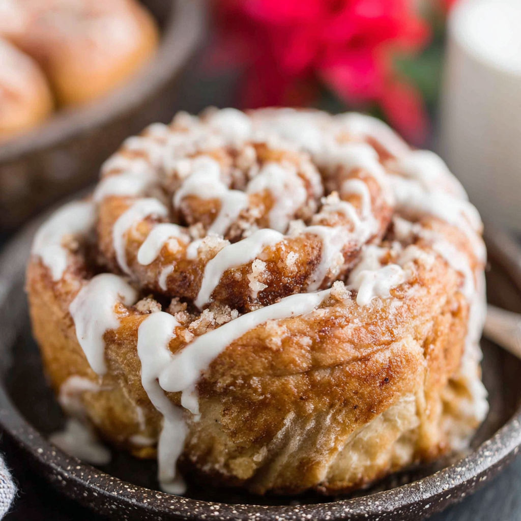 A brown butter cinnamon roll in a pan.