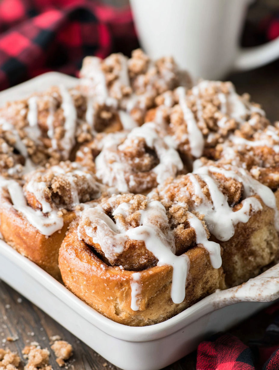 A white plate with a pan of cinnamon rolls.
