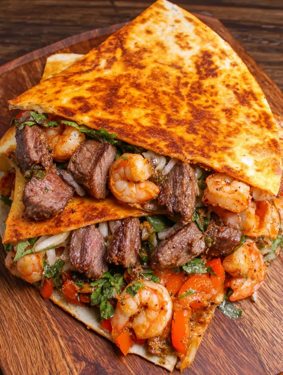 A stuffed quesadilla with steak and shrimp filling.