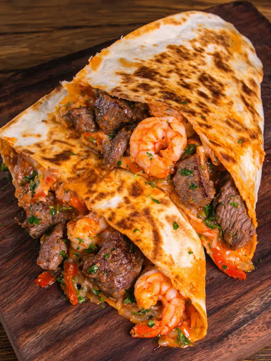 A quesadilla packed with steak and shrimp goodness.