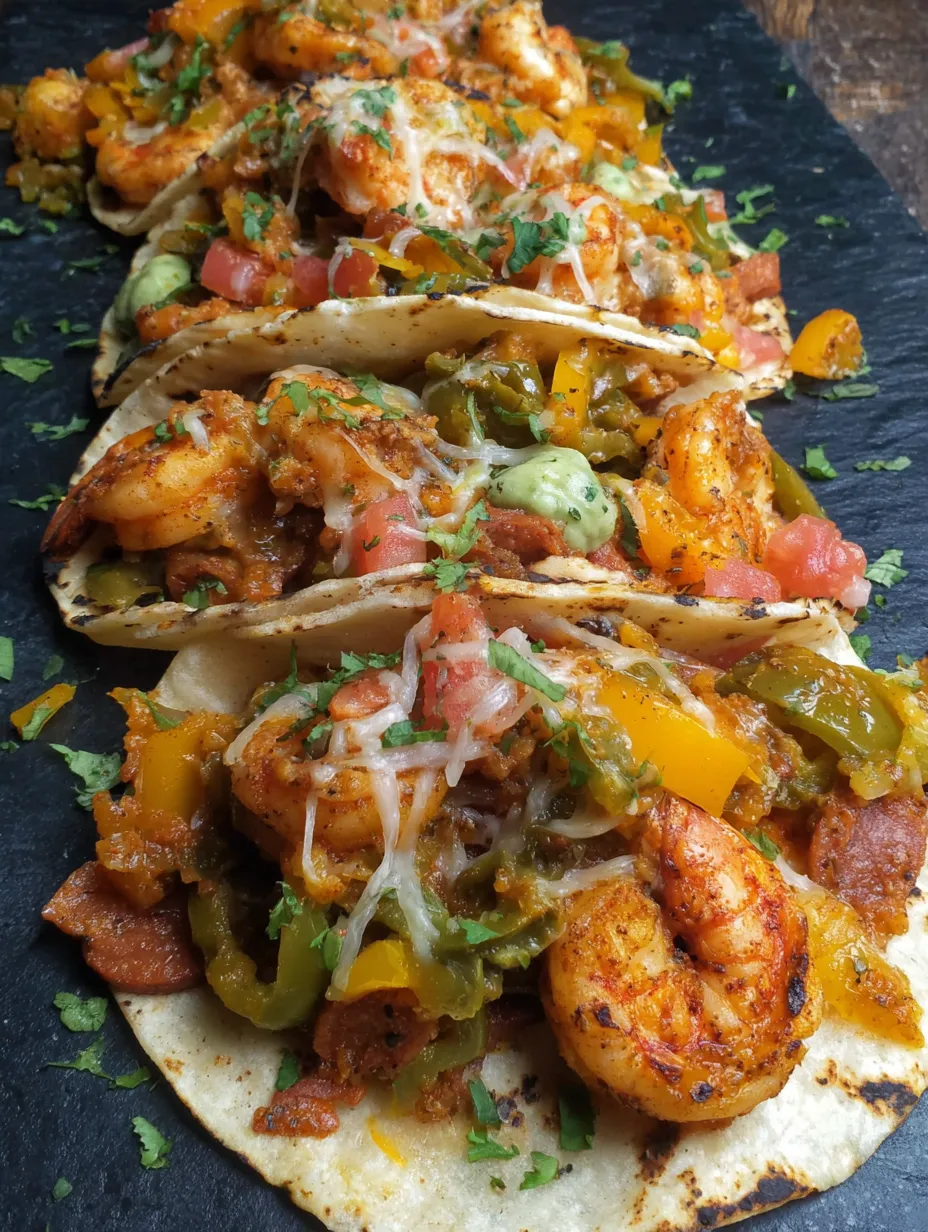 A plate stacked with shrimp and sausage tacos, tortillas golden brown.