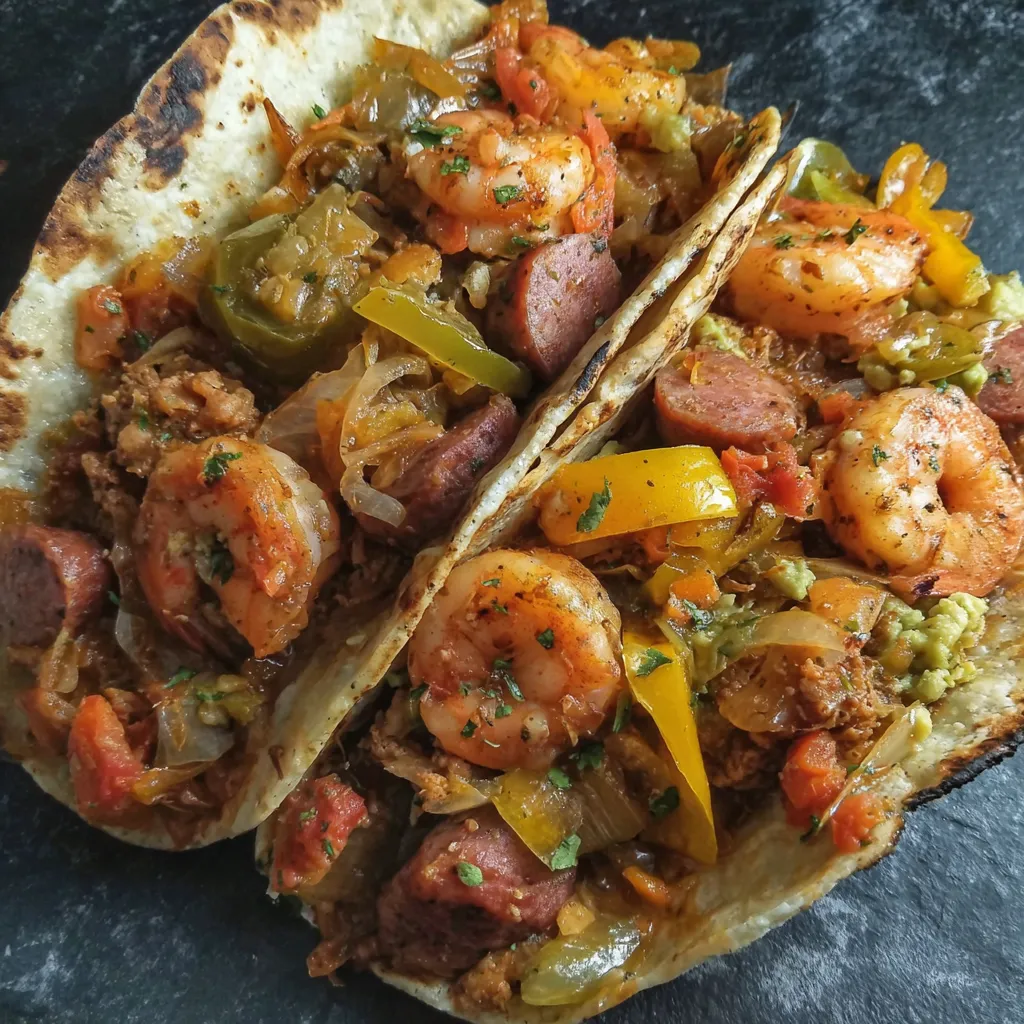 A tortilla loaded with shrimp and sausage, topped with colorful veggies.