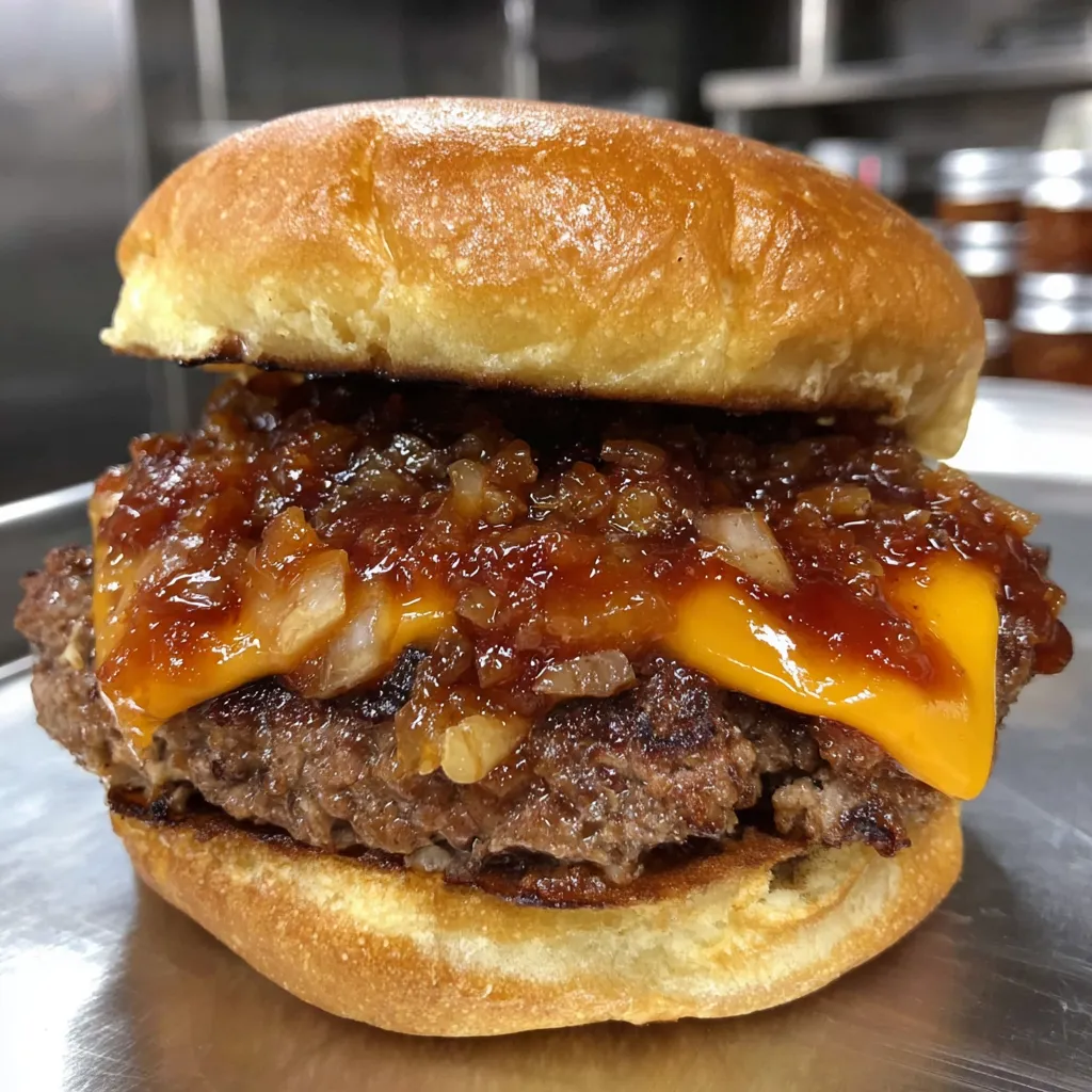 A slider topped with bacon and cheese.