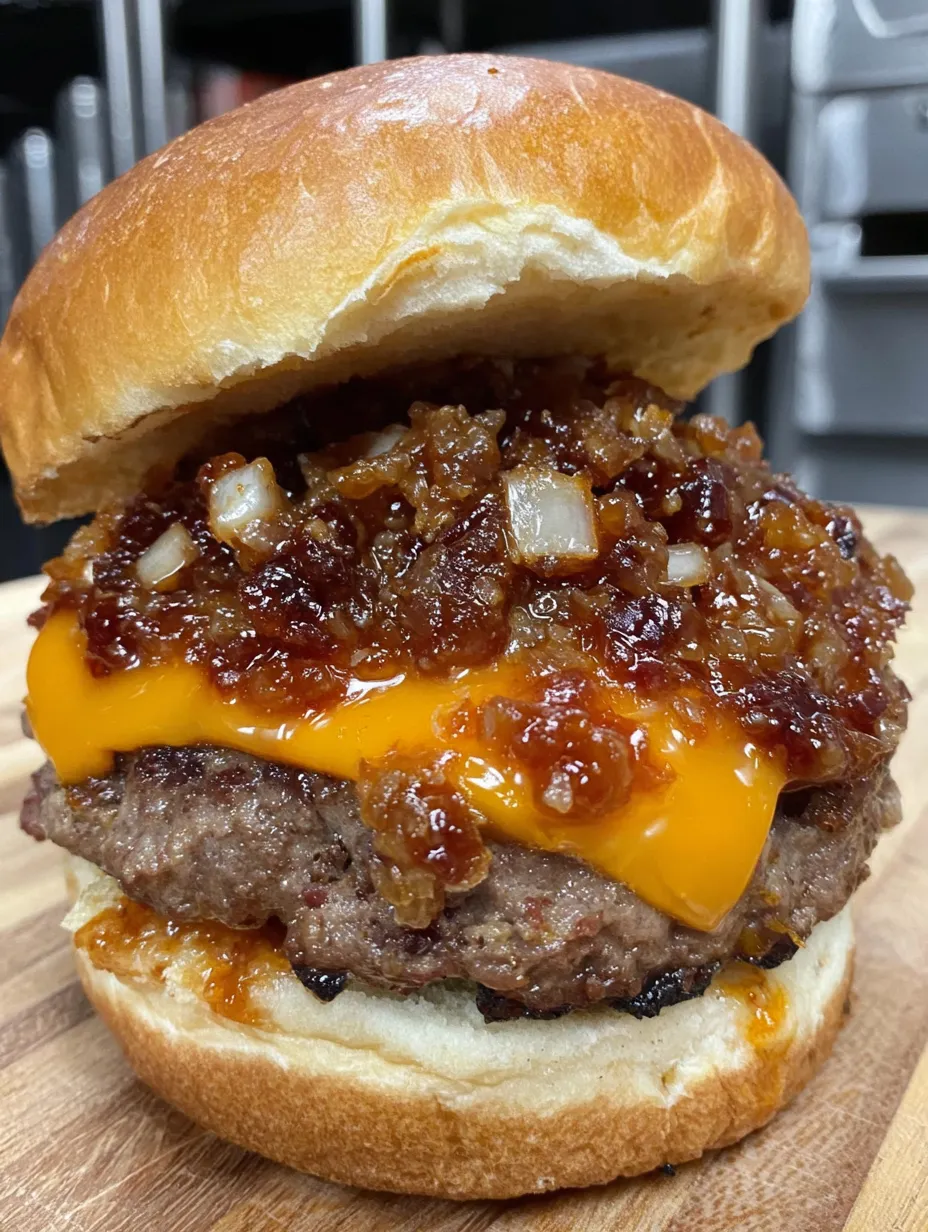 A cheeseburger loaded with bacon jam and onions.