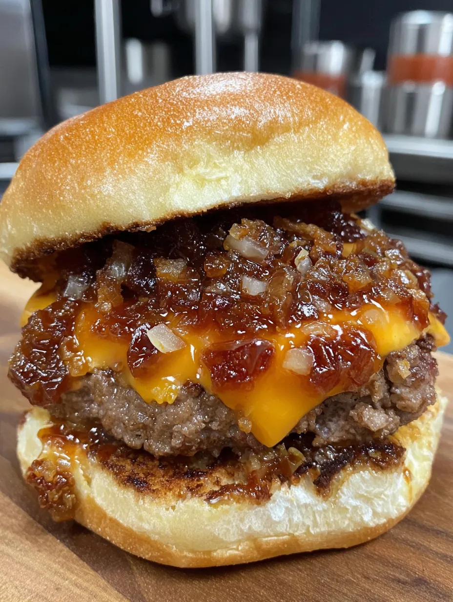 A cheeseburger loaded with bacon jam and onions.