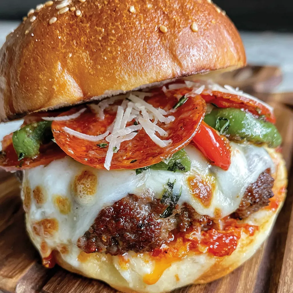 A burger with pepperoni, cheese, and veggies on a brioche bun.