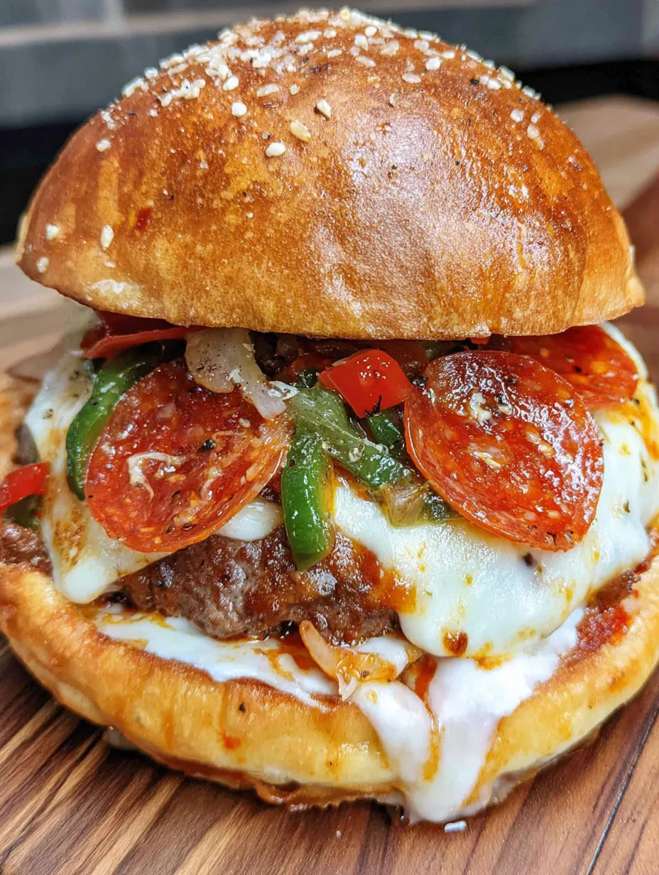 A cheese-topped pizza burger with pepperoni.