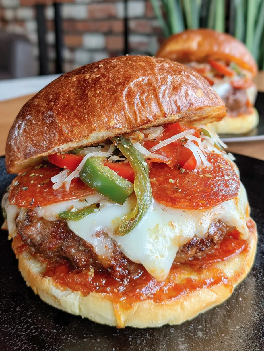 A pizza burger stacked with cheese and peppers on a bun.