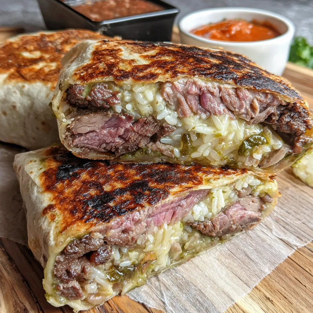A beef burrito filled with smoky meat on a table.