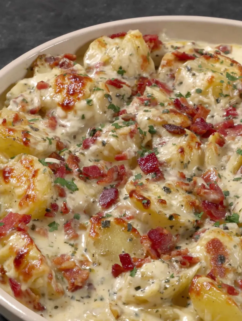 A pan of golden cheesy potatoes with bacon on top.