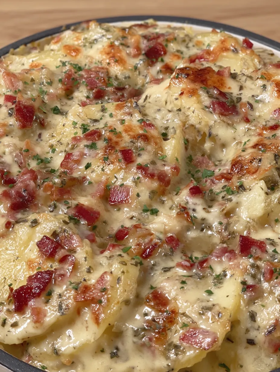 Golden cheesy potatoes with crispy bacon in close focus.