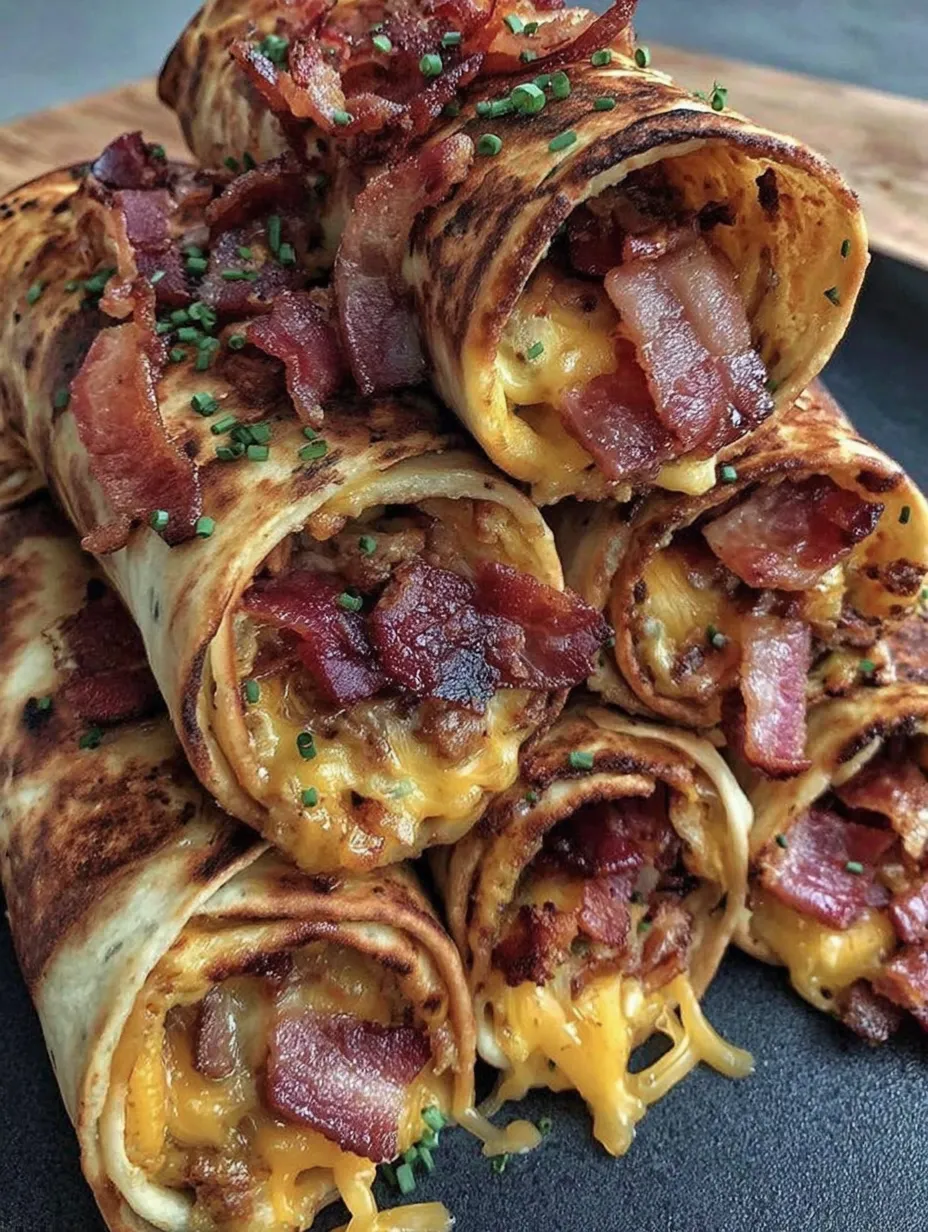 Rollups piled on a dark plate with cheesy bacon peeking out.