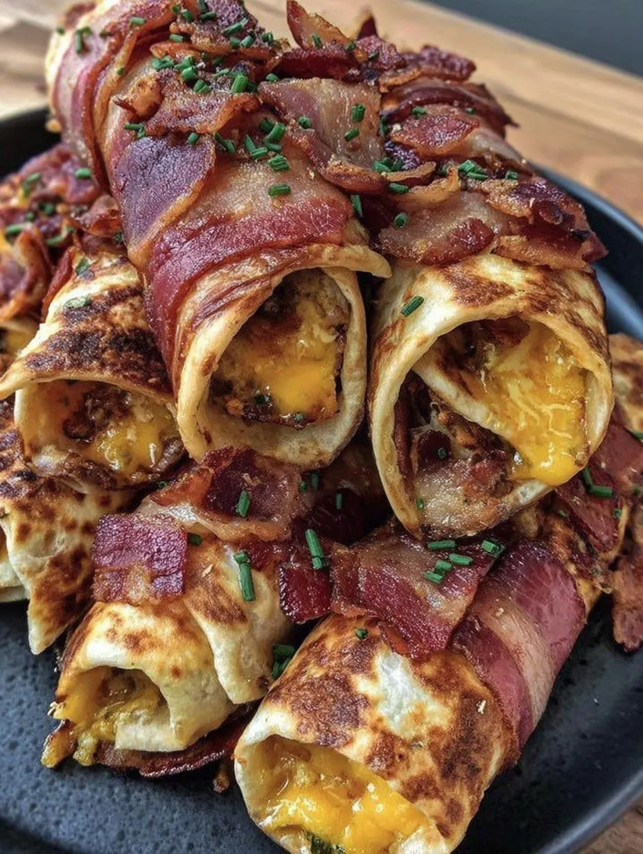 Cheesy bacon rollups with a glossy garlic butter finish on a platter.