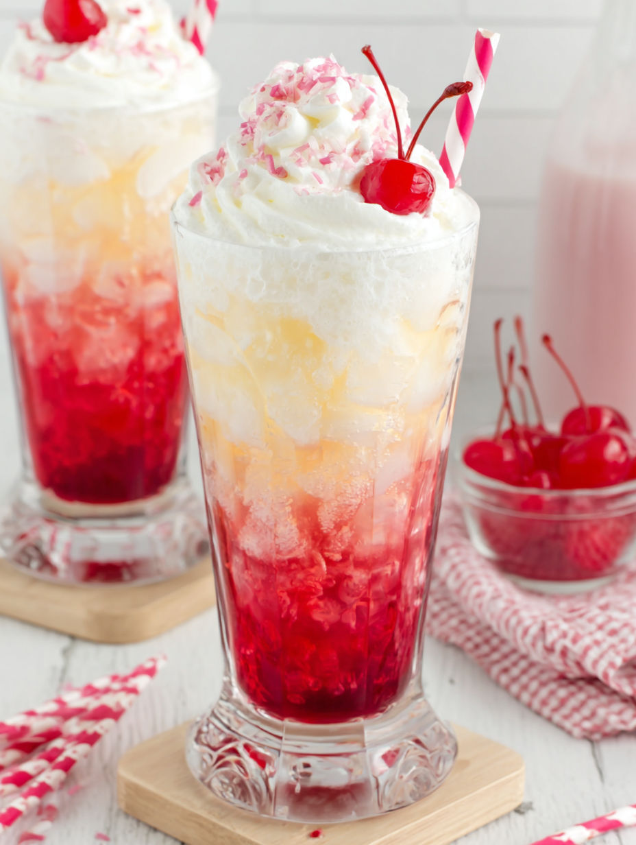 A glass filled with a red and yellow frozen drink topped with cherries.