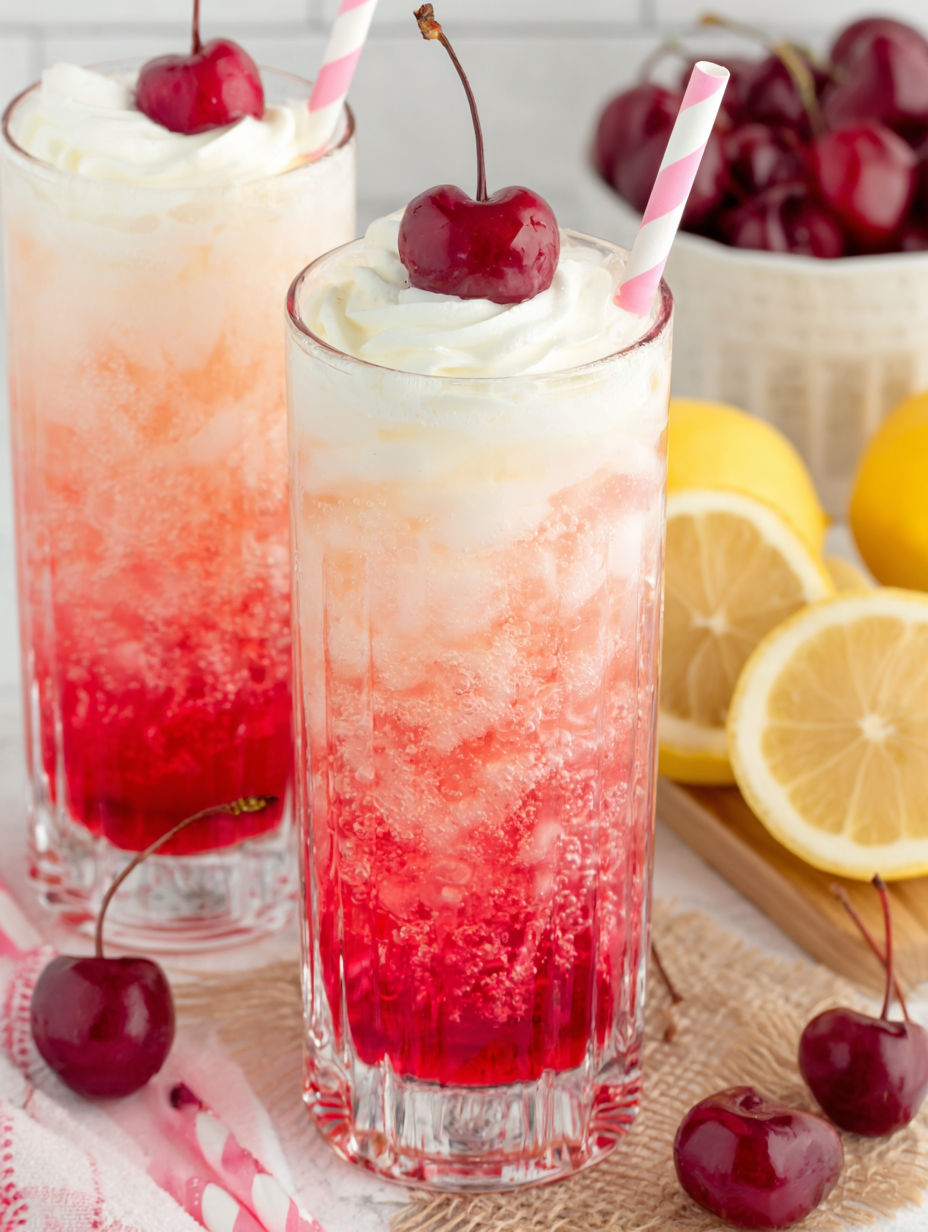 A glass featuring a red and white drink with a cherry on top.
