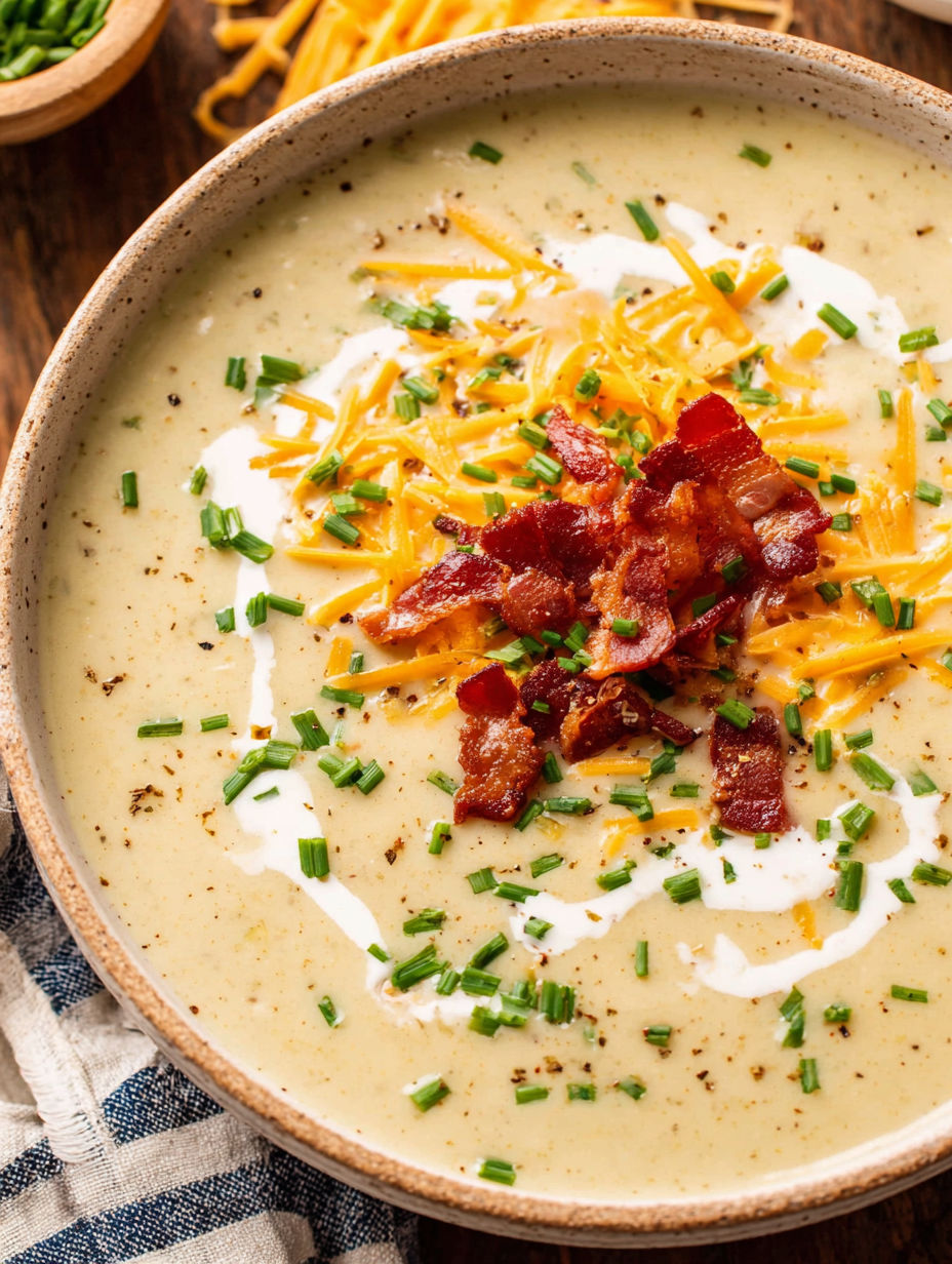 A bowl of soup with bacon and cheese.