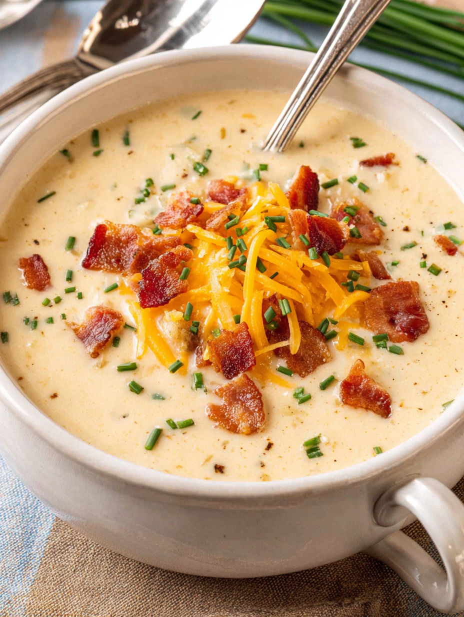 A bowl of soup with bacon and cheese.