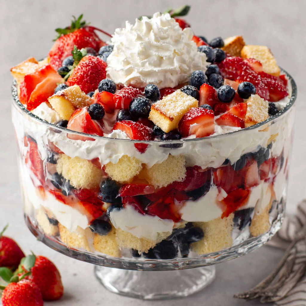 A glass bowl filled with a festive trifle.
