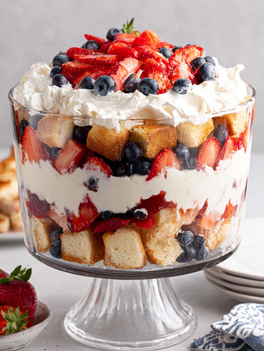 A festive 4th of July Trifle featuring strawberries, blueberries, and cake.