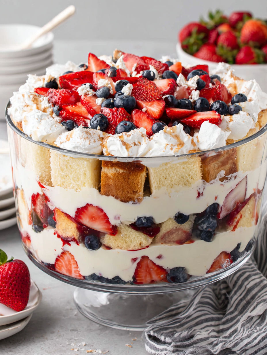 A glass trifle dish filled with a festive 4th of July Trifle.