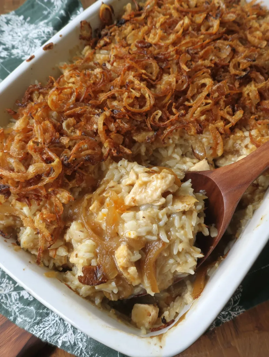 A white bowl loaded with savory French onion chicken and rice.