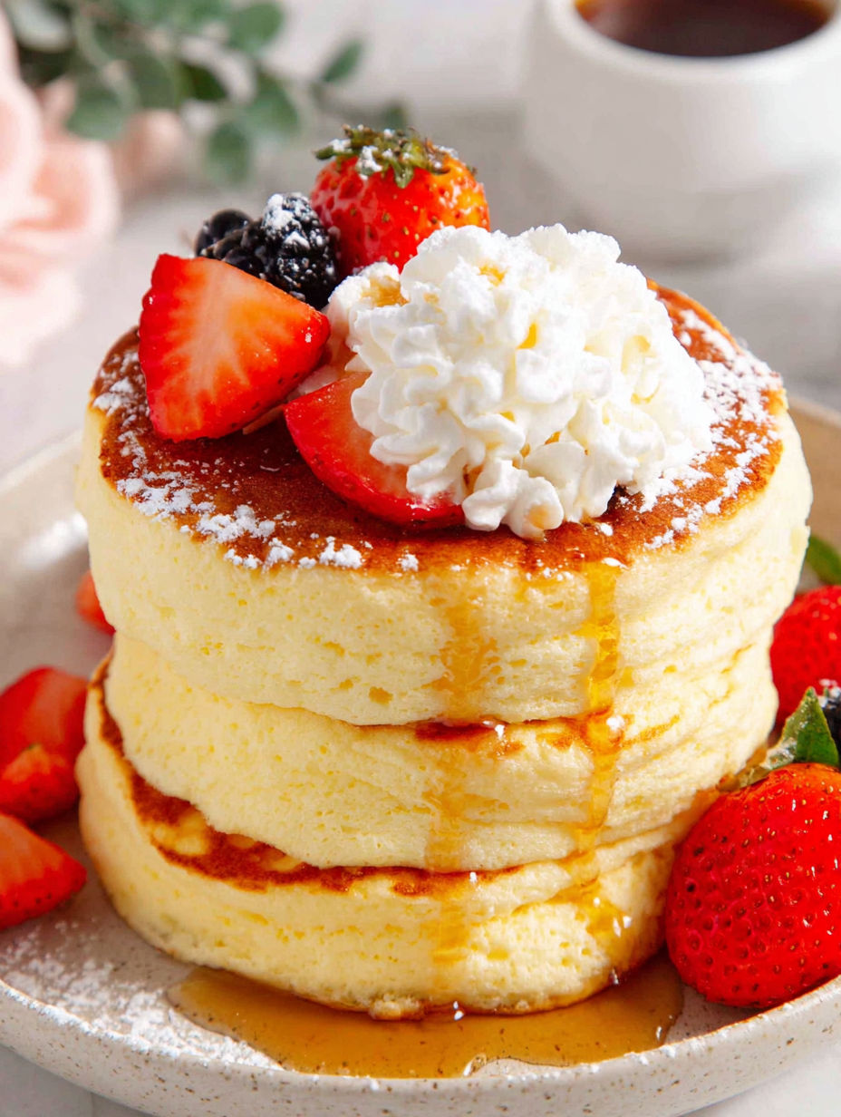 A stack of pancakes topped with strawberries and whipped cream.