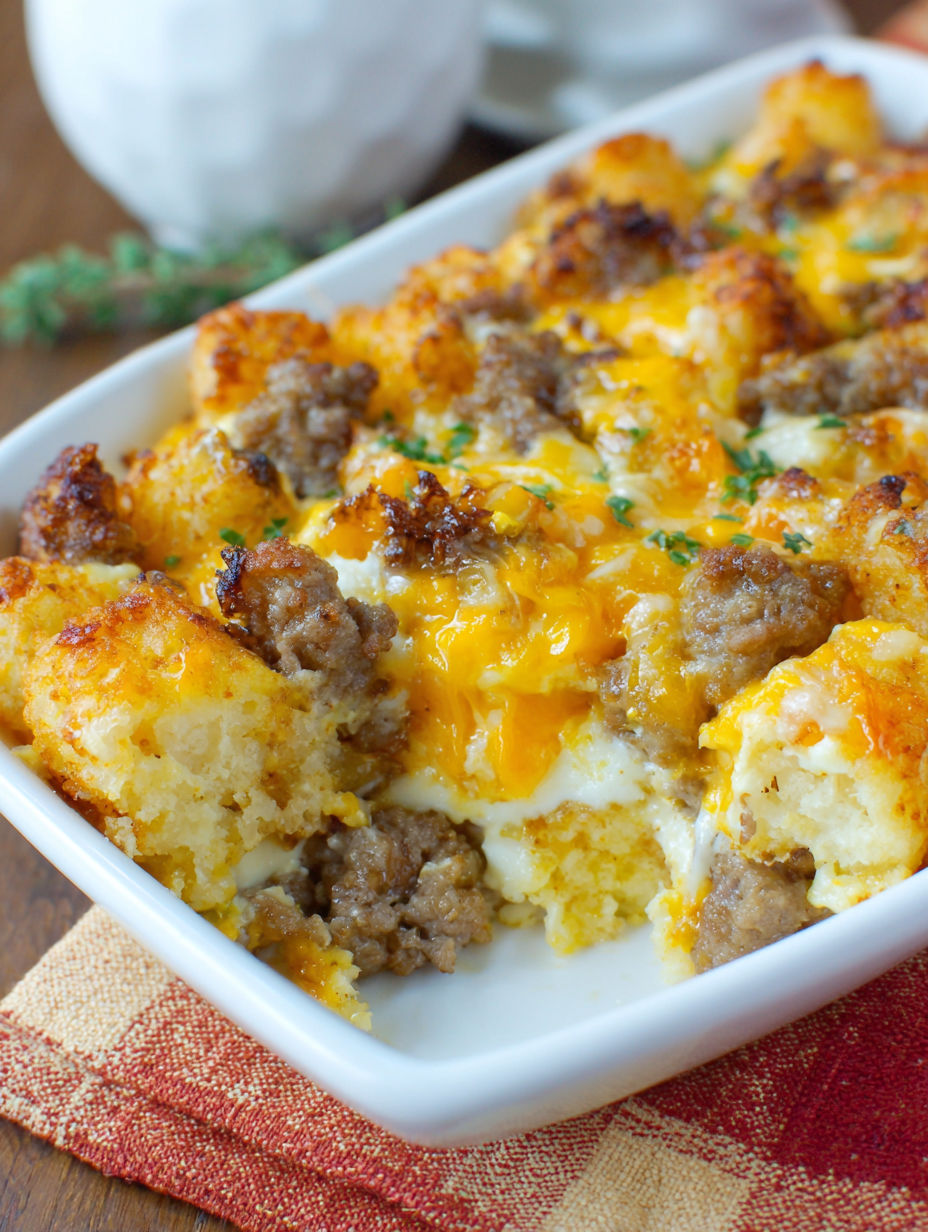A white plate with a casserole dish on it.