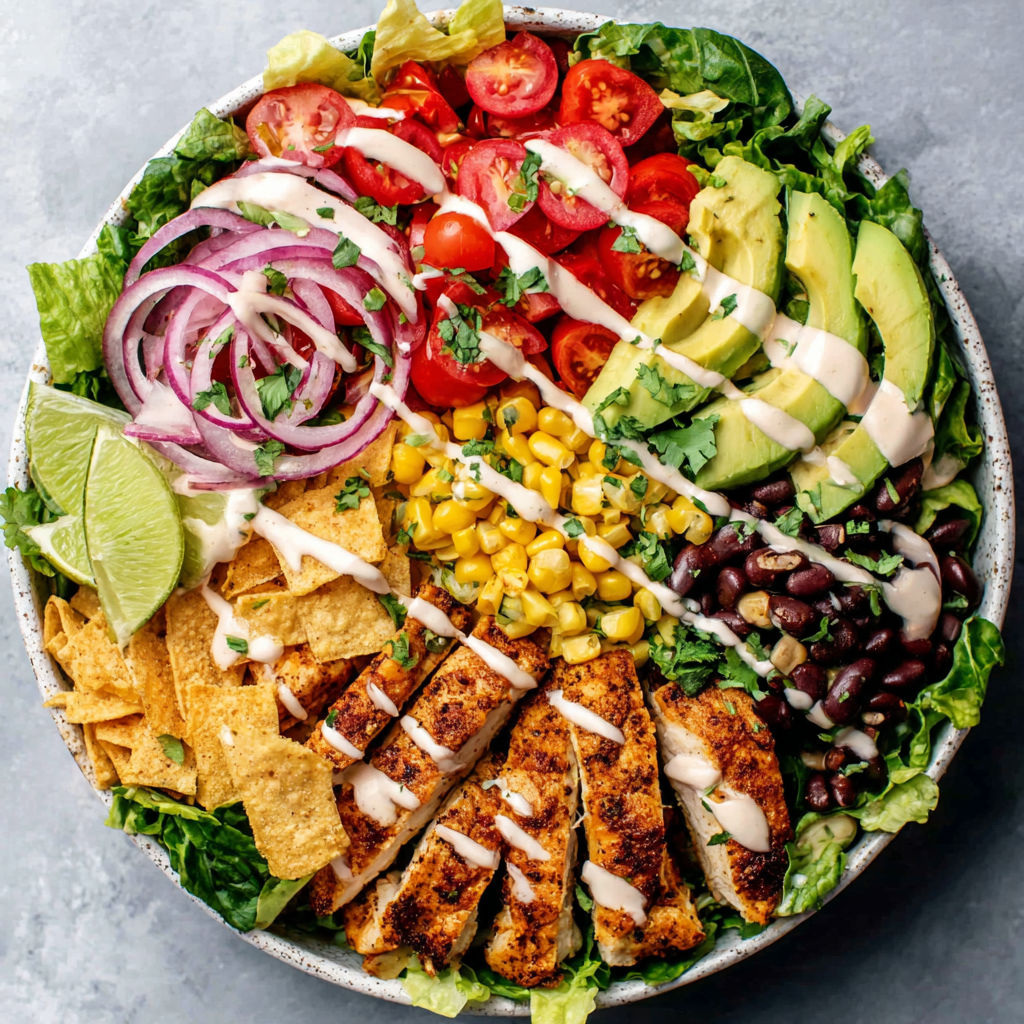 A zesty southwest salad with chicken, avocado, tomatoes, and onions.