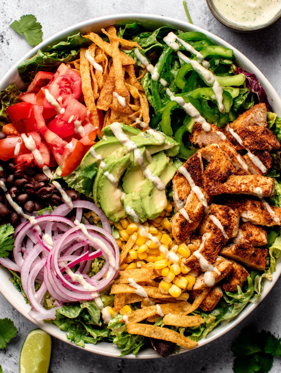 A salad with chicken, corn, tomatoes, and onions.