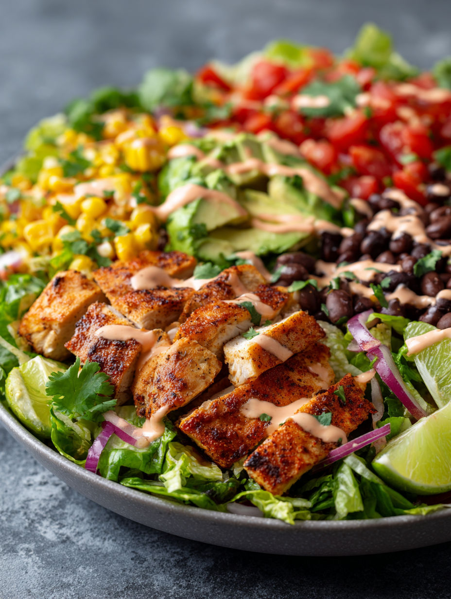 A colorful salad with chicken, avocado, tomatoes, and lime.