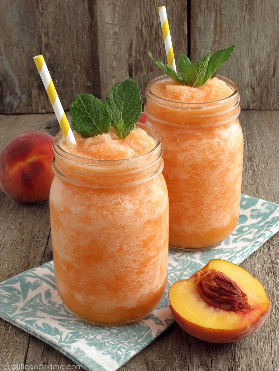 Two glasses of peach lemonade slush.