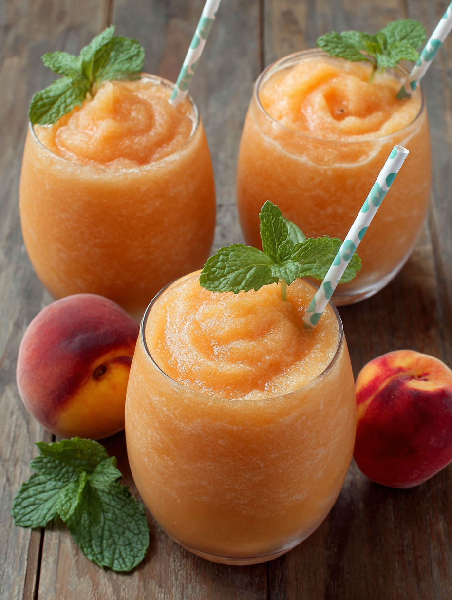 Three glasses of peach lemonade slush.
