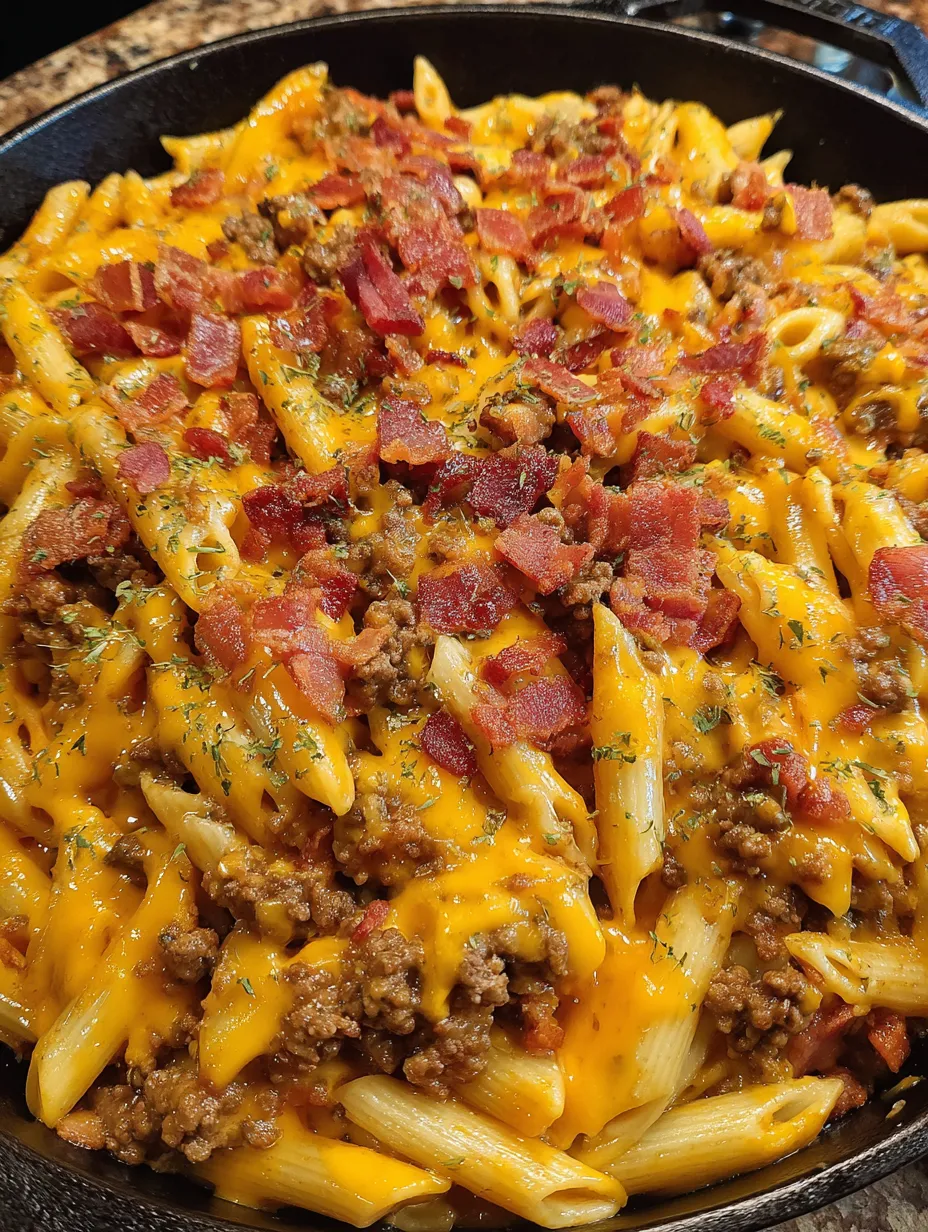 A dish piled high with cheesy bacon pasta.