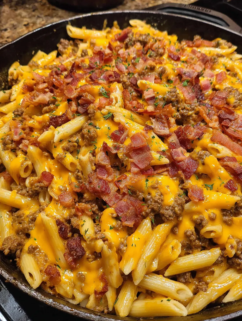 A plate loaded with cheesy pasta and crispy bacon bits.